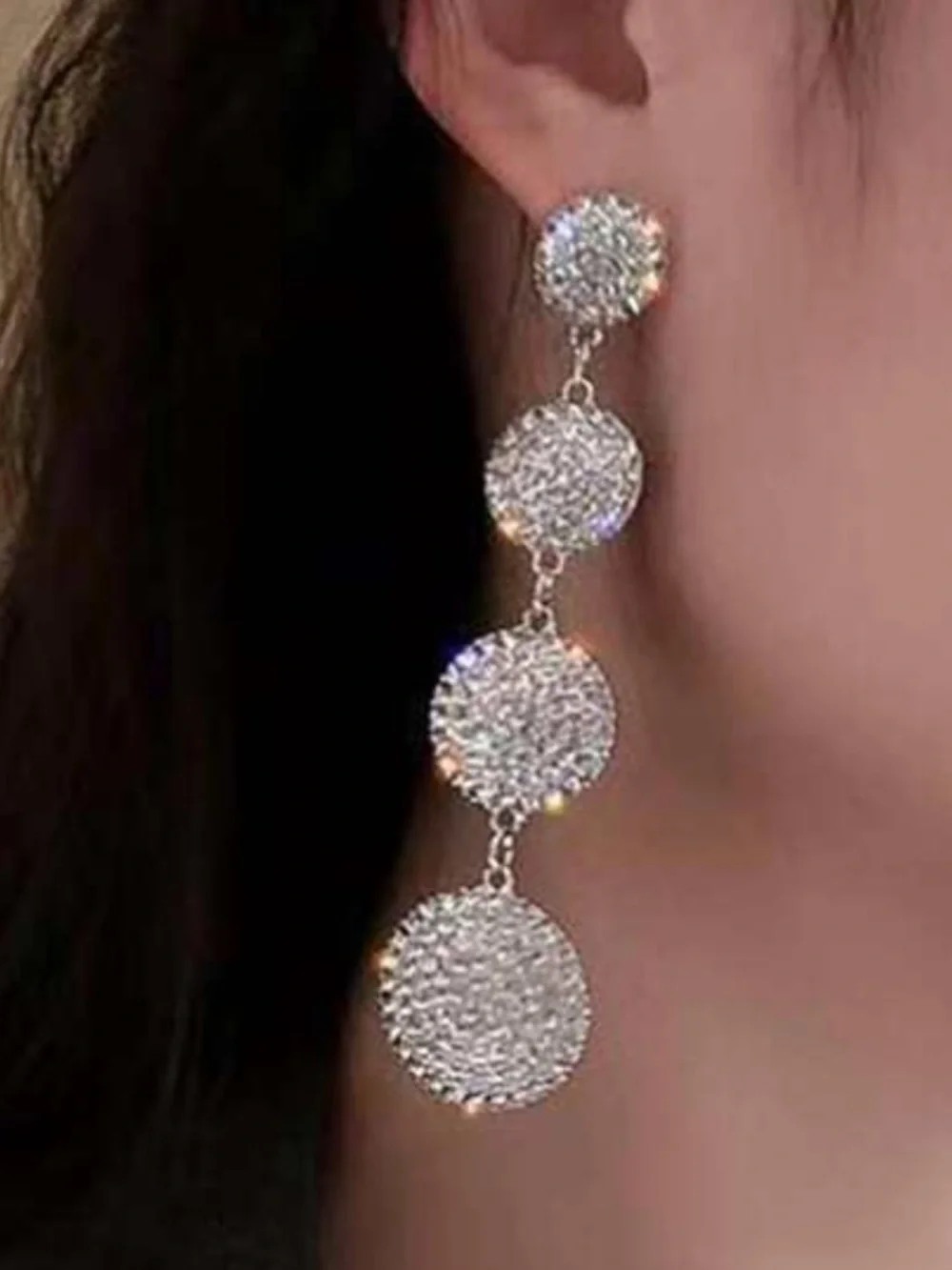 Crystal Rhinestone Long Dangle Earrings - Silver